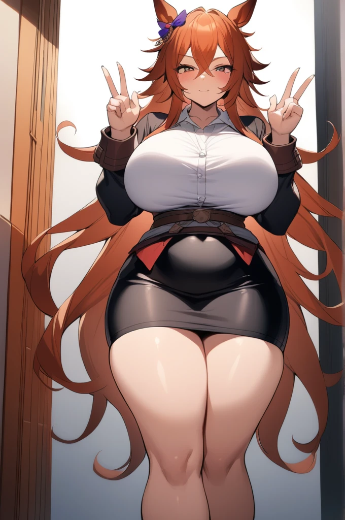 masterpiece, Highest quality, 1 person,(  Are standing, View your viewers),Detailed Background、A person who writes in detail、Accurate human body、Knowledgeable person、Accurate 5 fingers, woman,Thick thighs,Curvy body,alone, orfevre\(umamusume\),black short skirt