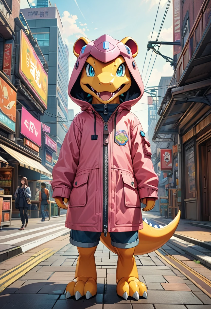 ((Masterpiece)),(((Best Quality))),((Extremely detailed unity CG wallpapers)),1 pink small dinosaur (Digimon Agumon),solo, looking at viewer, long sleeves, hood, coat, no humans, animal, hood up, zipper, animal focus,standing,full shot,, outdoor, simple city background