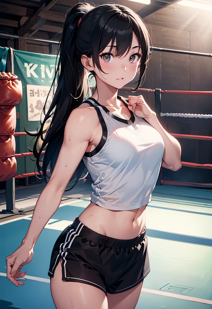 (The original) , (Very detailed wallpaper) , (best quality) , (masterpiece) , Photographic Reality, Practical, Very detailed illustrations, (1 girl) , beautiful eyes, (Delicate face) , Perfect details, (Optimal lighting) , (Super intricate details) , 
 (Boxing Girl) , (Violent impact) , Sweat, Heavy breathing, (Sexual assault) , (Boxing Ring) , sports Shorts, Perfect details, Perfect fingers, Perfect limbs, Influence, (Glowing skin) , Abdominal muscles, muscle, waistline,Boxer shorts, Fist Fight, Black Hair, High Ponytail, Very long hair, 
4k unity, (Super detailed CG: 1.2) , (8K: 1.2) , Practical, Octane Rendering
