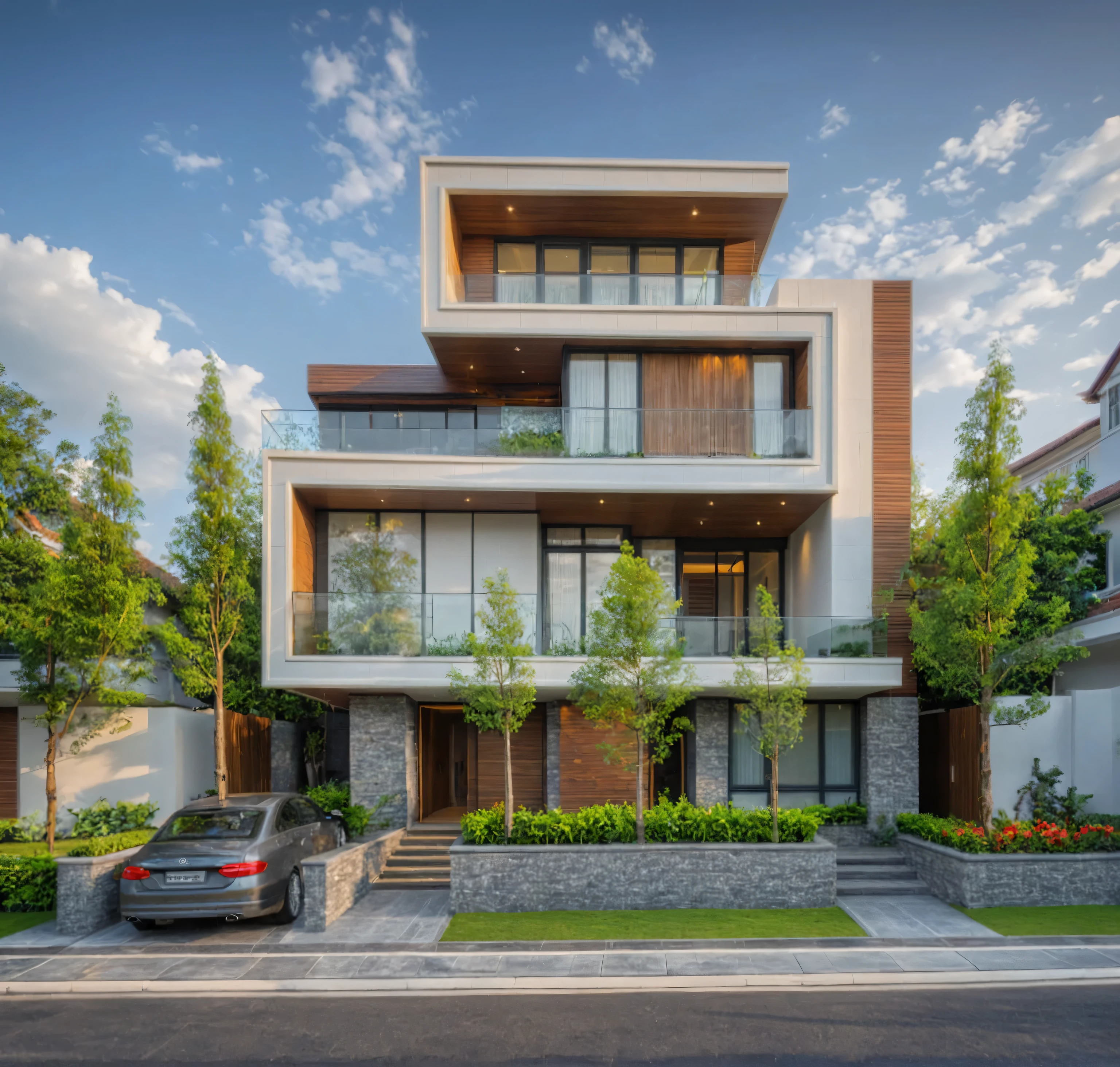 modern villa on street, (overcast lighting:1.2), tropical tree, vivid color, streetcapes, nice sky, grey and white tone, (large glass door:1.2), warm interior lighting, modern material, best quality, ultra realistic, masterpiece, 17ArchiAI_XL_VL-v1
