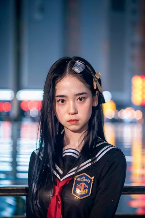 best quality, ultra high res, (photorealistic:1.4), 1girl, the girl wearing black sailor uniform, long hair, night, city scape background, city light, cinematic lighting, 80s filter, zoom to face, detailed face , looking at viewer, front view