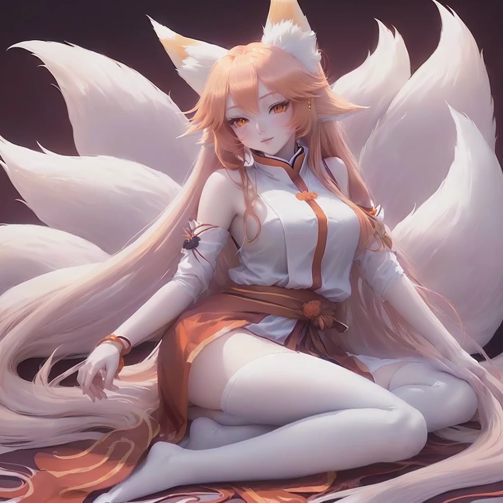 anime, anime girl, orange hair, long hair, white dress, orange tail, orange tail, orange tail, orange tail, orange tail, orange tail,, ornage - haired fox, orange fox anime, nine tails, a beautiful kitsune woman, orange haired deity, kitsune three - tailed fox, kitsune, fox nobushi, three - tailed fox