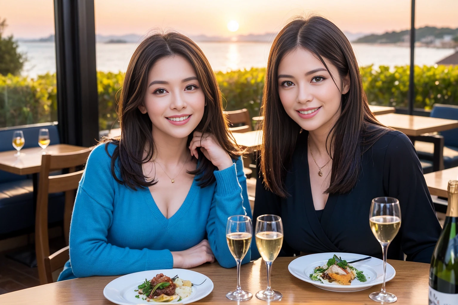 ((Highest quality、8K、masterpiece:1.3))、1 male、1 female、spouse、Beautiful couple、smile、full-course dinner、 (Slim face), (the body is スリム), (Brown Hair), (Shortcuts), ((Bob Hale、Straight hair:1.2)), テーブルの上のwine glass、Shine light on your face、 Amazing view of the sunset sky and clouds、smileの美しさ、Bright image、Blushing, Shortcuts, (Age 35), 39 years old, Appetizers、Italian food、Wine bottle、Champagne、sparkling wine、Long sleeve shirt、dress、Attractive beauty、restaurant, Nova Frog Style, actress, model, Upper Body, White wine, red wine, wine glass,