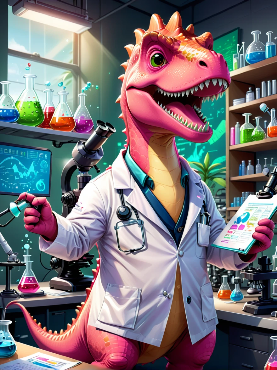 A pink dinosaur character with a broad, toothy smile, dressed as a researcher, They're in a lab, surrounded by scientific equipment like microscopes, beakers, charts and graphs. The dinosaur is wearing a lab coat, eye protection, and holds a clipboard in its hand, Papers are strewn about, indicating a busy work day, The lab setting is filled with light coming from fluorescent lamps overhead, Illustrate this in a cartoon style