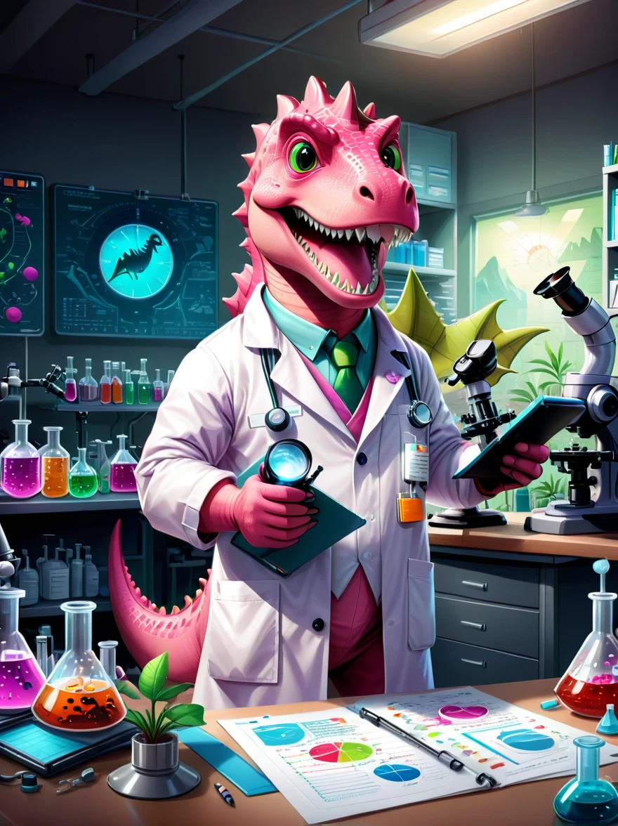 A pink dinosaur character with a broad, toothy smile, dressed as a researcher, They're in a lab, surrounded by scientific equipment like microscopes, beakers, charts and graphs. The dinosaur is wearing a lab coat, eye protection, and holds a clipboard in its hand, Papers are strewn about, indicating a busy work day, The lab setting is filled with light coming from fluorescent lamps overhead, Illustrate this in a cartoon style