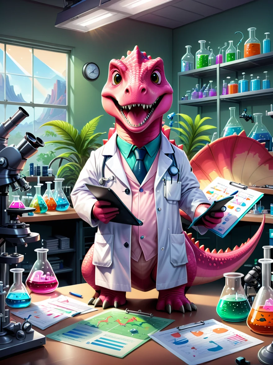 A pink dinosaur character with a broad, toothy smile, dressed as a researcher, They're in a lab, surrounded by scientific equipment like microscopes, beakers, charts and graphs. The dinosaur is wearing a lab coat, eye protection, and holds a clipboard in its hand, Papers are strewn about, indicating a busy work day, The lab setting is filled with light coming from fluorescent lamps overhead, Illustrate this in a cartoon style