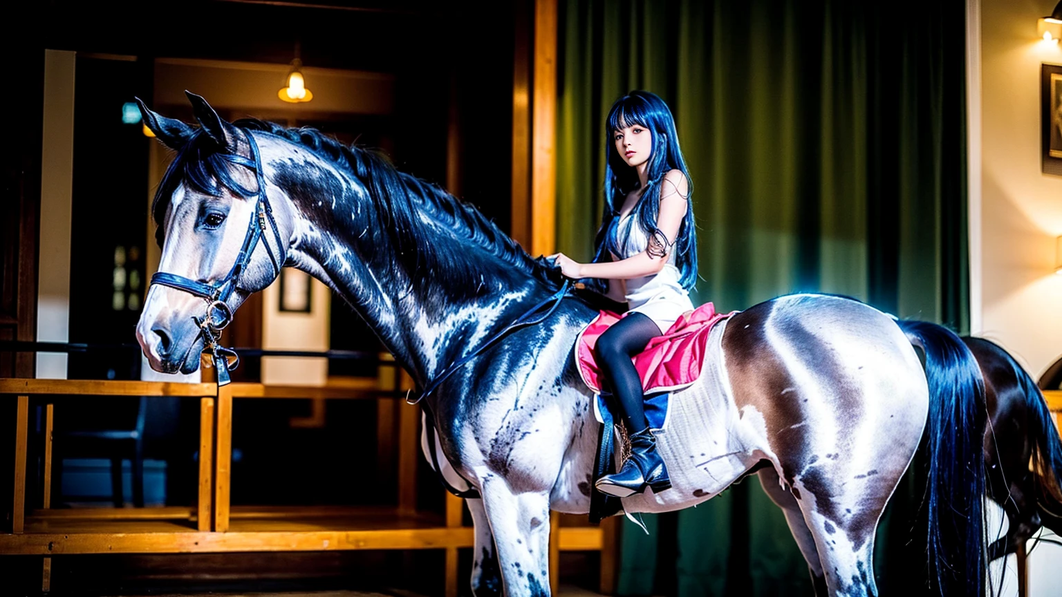 ((masterpiece, Highest quality)),(figure),(detailedLight),((Very delicate and beautiful)),One girl,Godolphin Arabian,long hair,blue hair,Green Eyes,Horse&#39;s ears,Horse Girl,hair_ornament,White Dress, Bare shoulders, ,No sleeve,Evening Dresses,Long dress,Outdoor, Light,blue sky, horizon, Pasture, wild