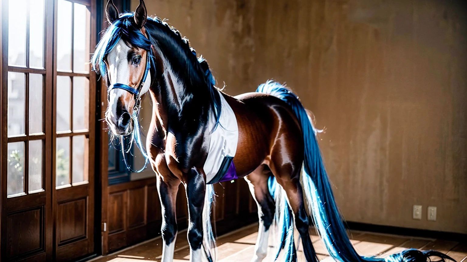 ((masterpiece, Highest quality)),(figure),(detailedLight),((Very delicate and beautiful)),One girl,Godolphin Arabian,long hair,blue hair,Green Eyes,Horse's ears,Horse Girl,hair_ornament,White Dress, Bare shoulders, ,No sleeve,Evening Dresses,Long dress,Outdoor, Light,blue sky, horizon, Pasture, wild