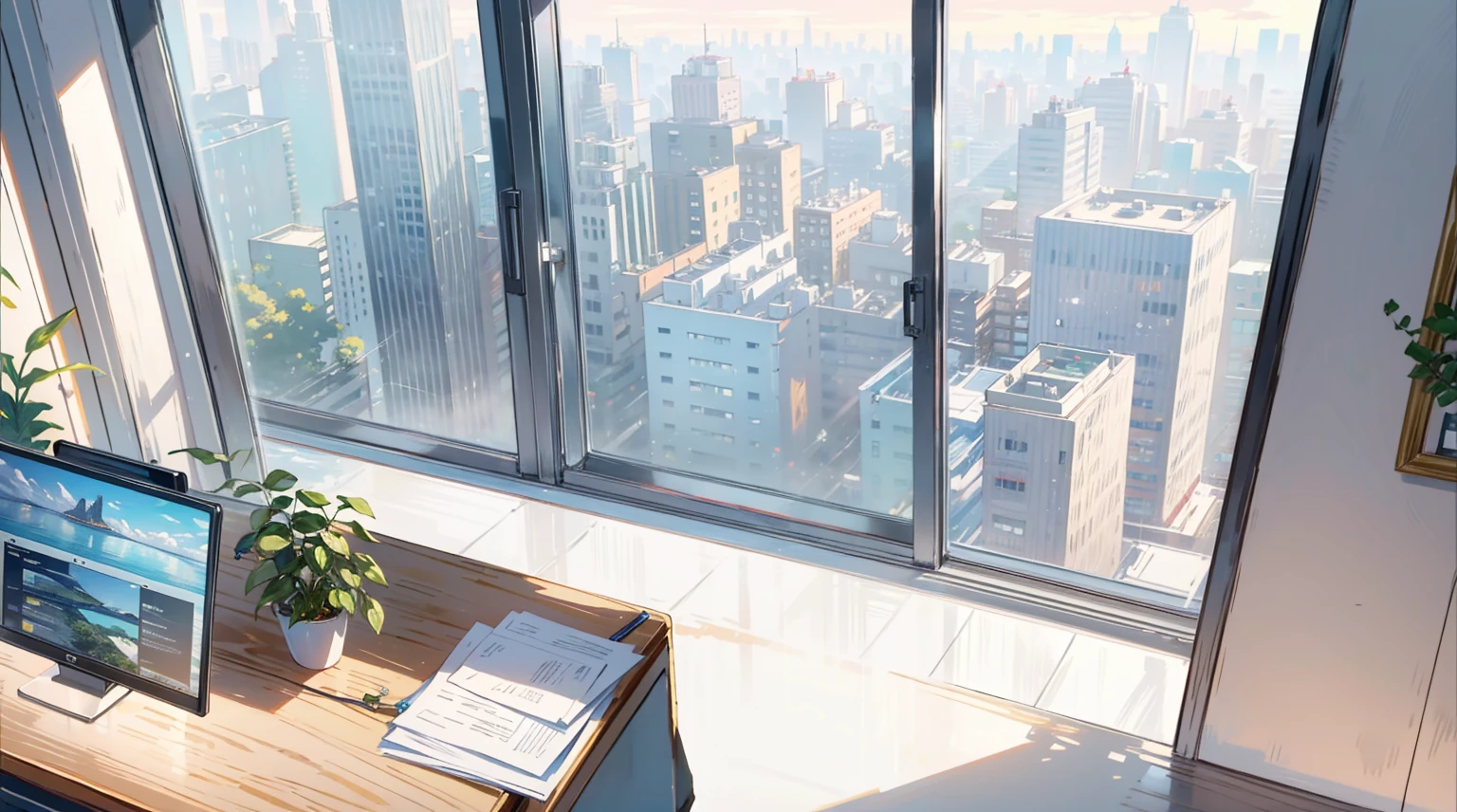 （best quality，masterpiece：1.2，detailed details，4k）， office, president's office, floor-to-ceiling windows, potted plants, computers and documents on the desk, top-down view scene,