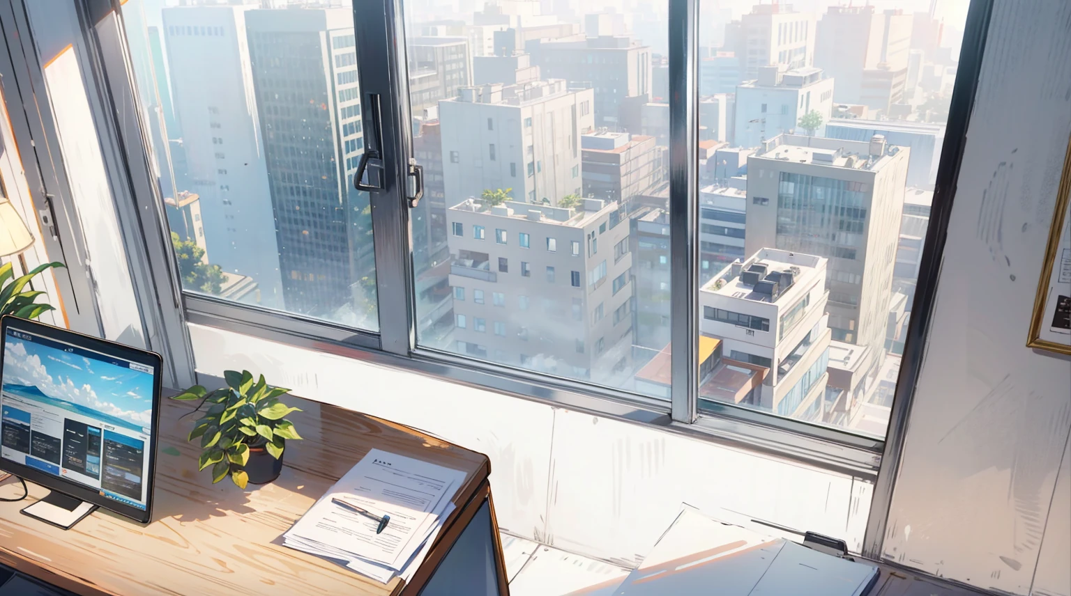 (best quality,masterpiece:1.2,detailed details,4k), office, president's office, floor-to-ceiling windows, potted plants, computers and documents on the desk, top-down view scene,