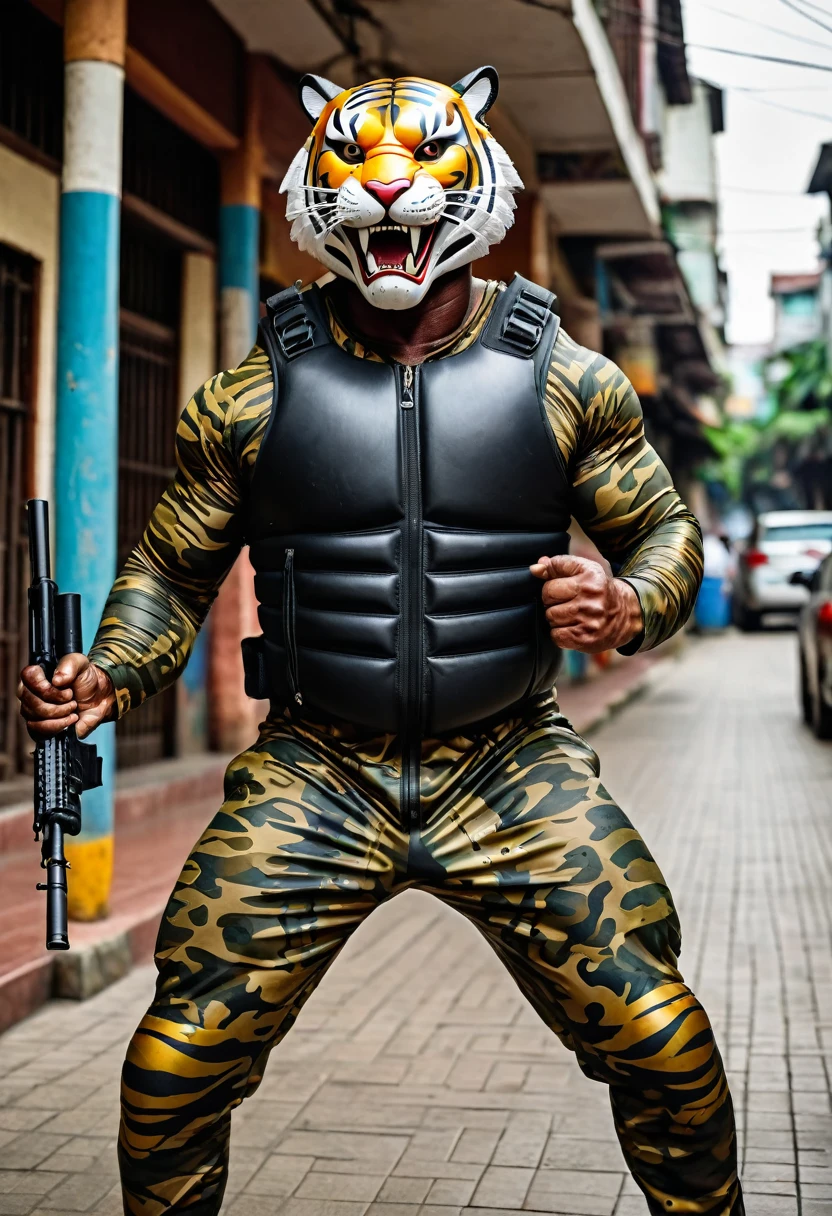 (a dark-skinned muscular fat old man in a bulky camouflage zipper diver suit) carrying a rifle and (wearing proportionate realistic roaring tiger mask that show the wearer eyes), muscular, Bruce Onobrakpeya, sumatraism, stanley artgermm, muscular physique, imposing stature, action, heroic, fierce, snarling, best quality