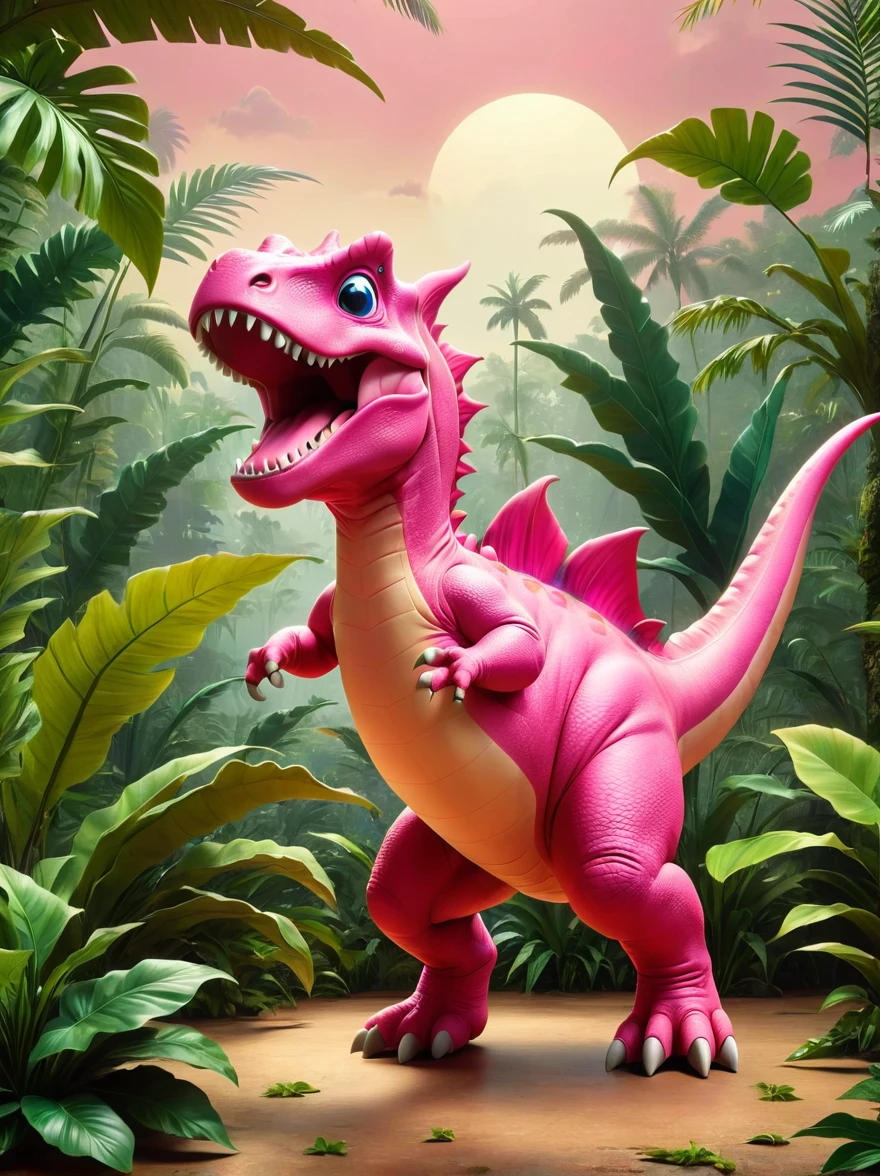 A cartoonish pink dinosaur performing the dabbing motion. The pink dinosaur has a large, muscular body with short arms and a big head, characteristic traits of a T-Rex. It is seen standing on two legs, tilting its head and throwing one of its short hands upwards and the other towards the ground, accurately mimicking the popular dabbing dance move. The backdrop is a prehistoric jungle environment with large leafy plants, providing a stark contrast to the modern dance gesture of the pink dinosaur