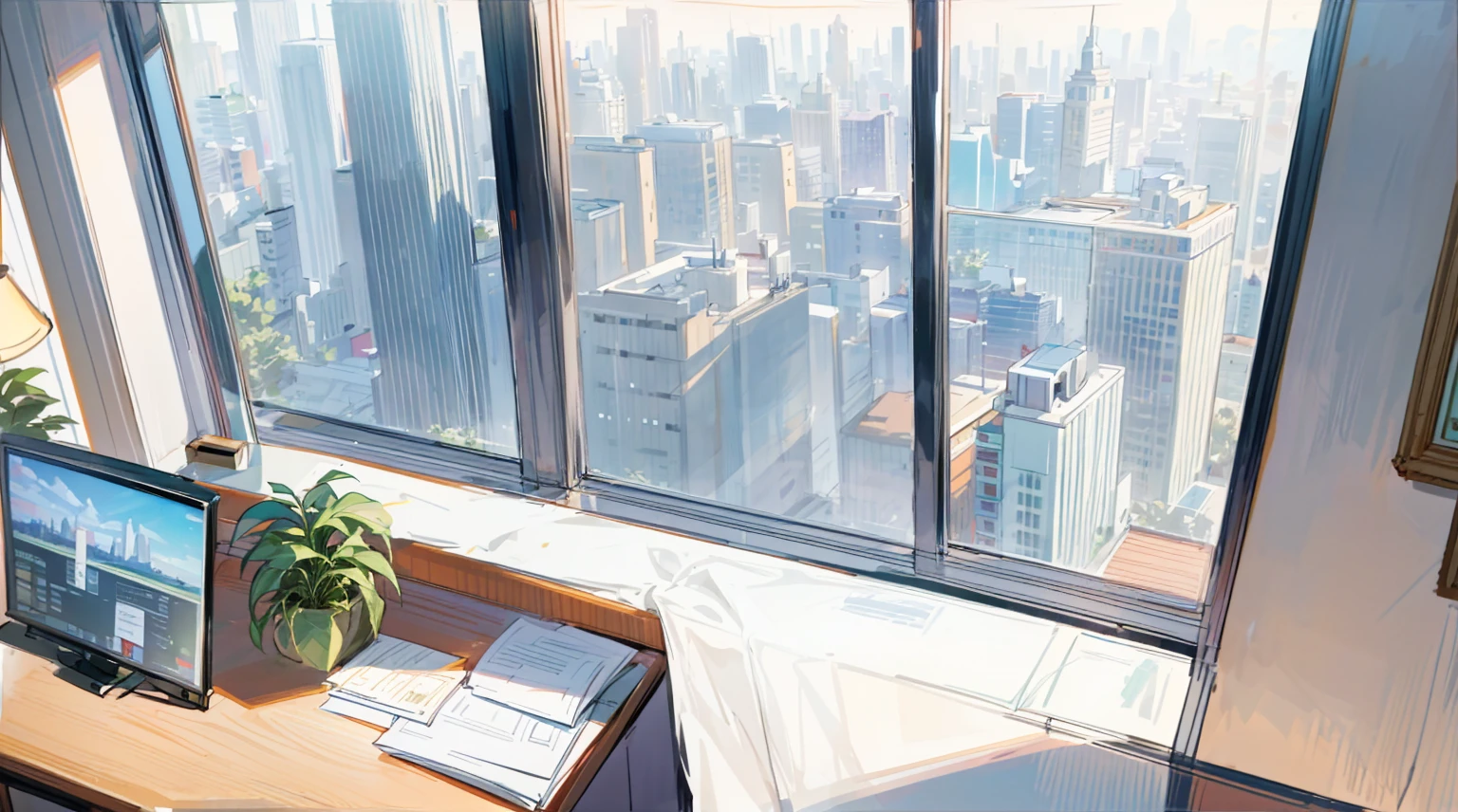 （best quality，masterpiece：1.2，detailed details，4k），((best quality)), ((masterpiece)), (detailed), office, president's office, floor-to-ceiling windows, potted plants, computers and documents on the desk, top-down view scene,