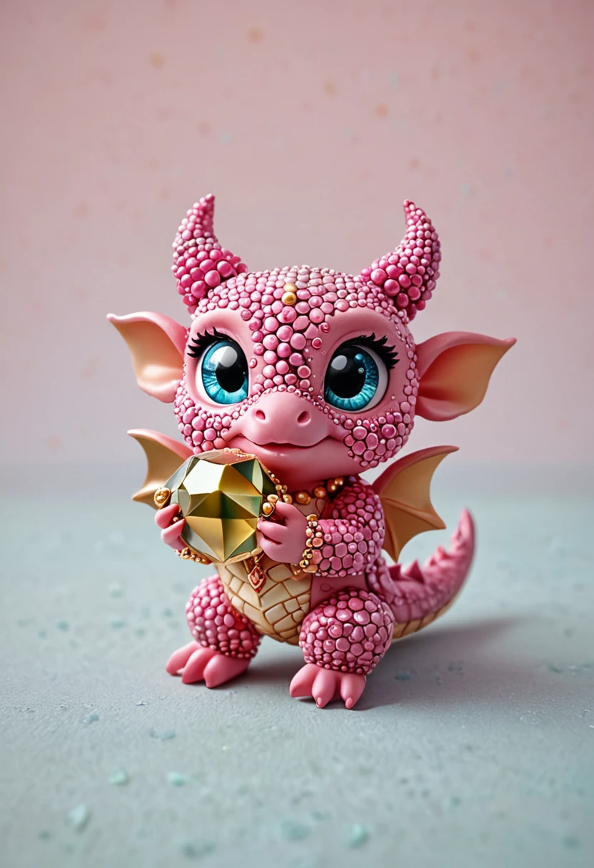 A  holding her baby dragon made of pearls, with pink and gold details on its body, adorned in exquisite gemstones and diamonds. The background is pure white fabric, showcasing the cutest facial expressions and intricate scales. This adorable fantasy creature embodies a unique style and features a vibrant color palette, in the style of focus stacking --style raw