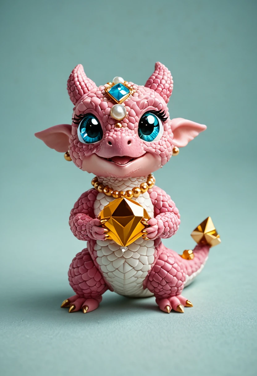 A  holding her baby dragon made of pearls, with pink and gold details on its body, adorned in exquisite gemstones and diamonds. The background is pure white fabric, showcasing the cutest facial expressions and intricate scales. This adorable fantasy creature embodies a unique style and features a vibrant color palette, in the style of focus stacking --style raw