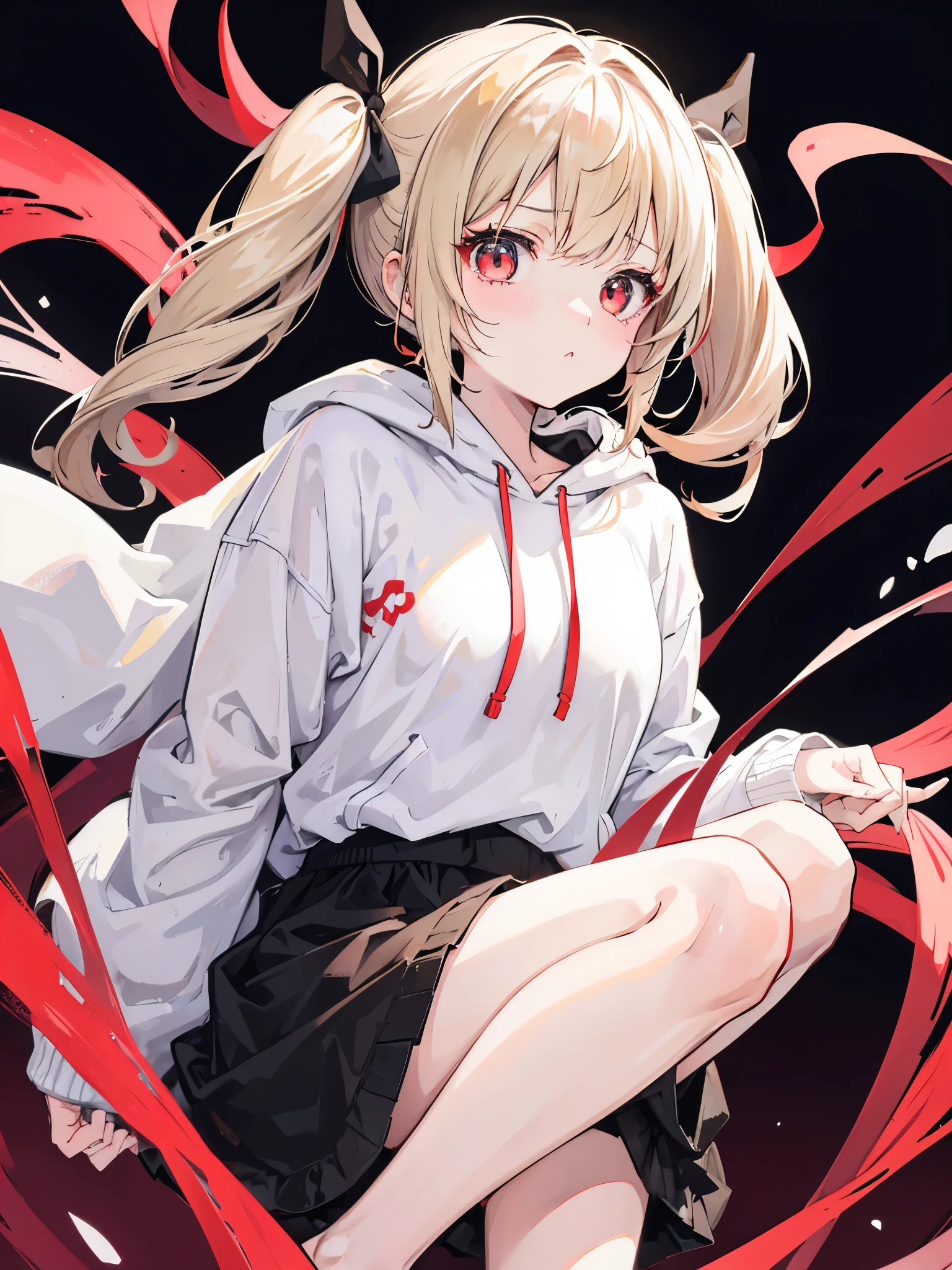 One girl in anime、Beige hair、Eye color red、Twin tails、Simple hair ribbon、Black large hoodie、Background white、Simple background、