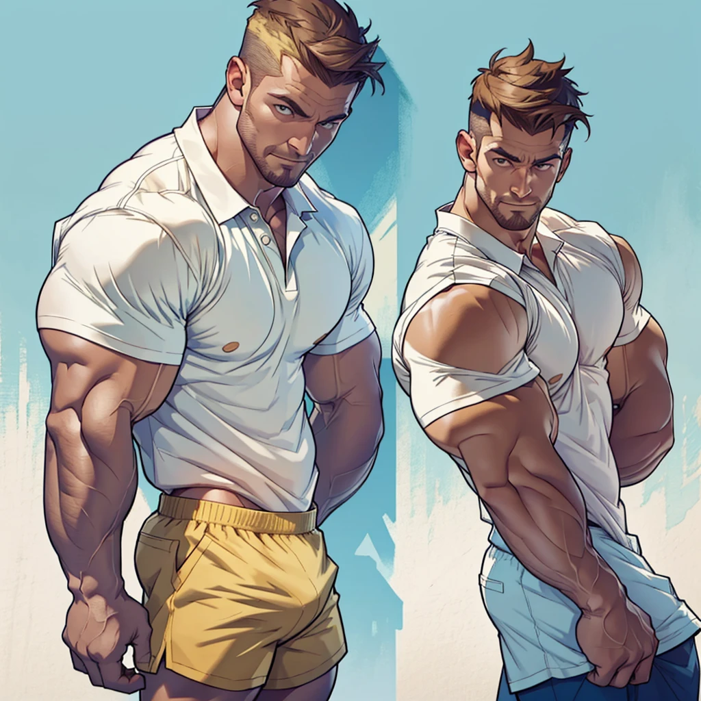 masterpiece,top-quality,((character sheets,Same character,Lateral face, back , side,soles)),environment change scene,Pose too,Hairstyle army,Pose ,(simple background、white backgrounid:1.3),illustration,1 male human,Stephen AMELL,daddy hunk , handsome,thin man yet muscular Man,six pack stomack,hunk Face ,Stubble,Lots of body hair,dark blond hair,,Hair is thick,White polo shirt,Crisp orange boxer shorts, nice bulge,multi view,
