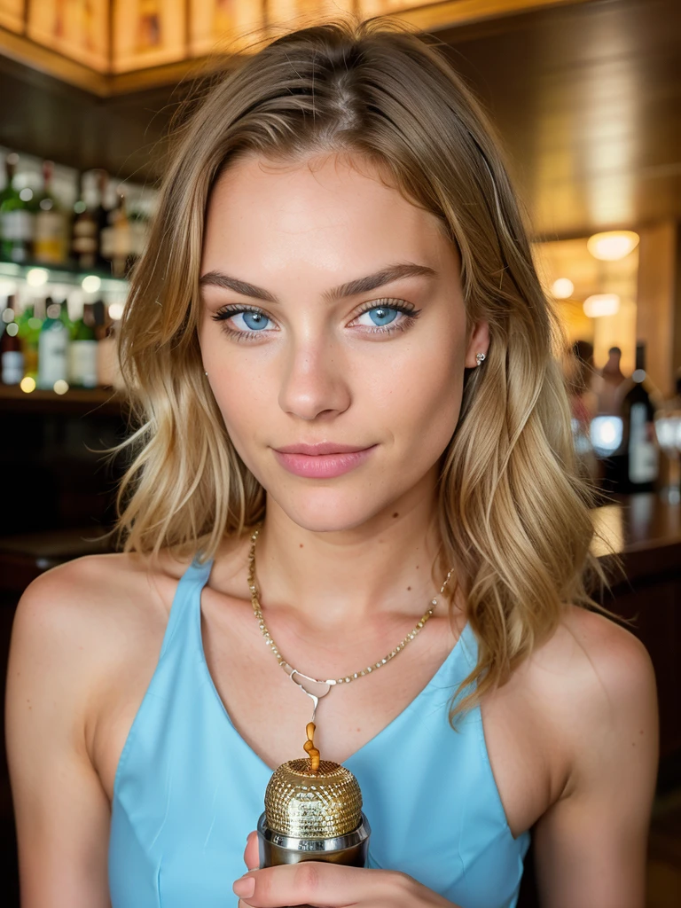 18 year old blonde girl, blue eyes, full body,dress,in a bar,holding a cocktail, glass High resolution, Masterpiece, Best quality, Intricate details, highly detailed, sharp focus, detailed skin, skin texture realistic, texture, detailed eyes, professional, 4K, charming smile, photo with Canon, 85 mm, shallow depth of field, Kodak Vision color, perfectly fitted body, extremely detailed, photographed_\(ultra\), photorealistic, realistic, post- processing, maximum details, roughness, real life, ultra realistic, photorealism, photography, 8K UHD, photography.