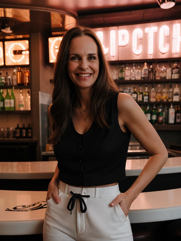 1girl, solo, photorealistic, realistic, long hair, ((ugly:1.5)), middle age, 50-year-old woman, wrinkles on her face and body, Caucasian woman, straight nose, dark brown hair, diamond face shape face, Wwhite skin, thin lips, monolid eyes, straight forehead, (medium shot, half body), ((wearing black vest, white high-waisted baggy pants)), (smiling, candid, laughter, laughing), standing, background: The Roof Bar at the Inspire Theater in Las Vegas in Nevada, bar counter, neon signs, night, evening
