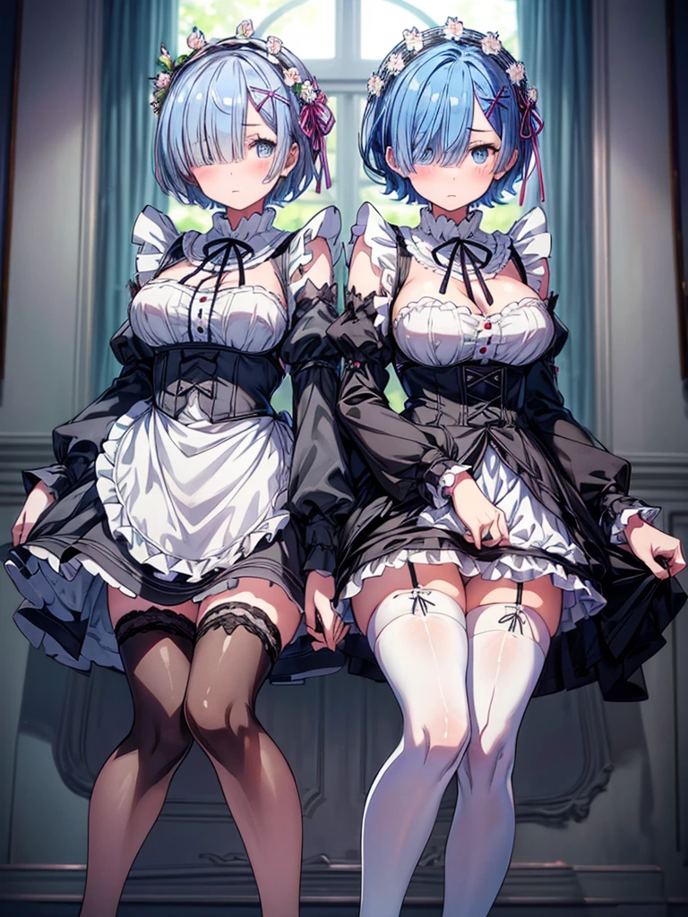 (1girl, NSFW, a girl whose clothes are torn and her genitals exposed, beautiful girl, beautiful face, look at viewer, humiliated, front face, rem, blue eyes, blue hair, hair ornament, hair over one eye, hair ribbon, short hair, x hair ornament apron, black ribbon, black sleeves, detached collar, detached sleeves, flower, frilled apron, frilled skirt, frills, head wreath, long sleeves, maid, miniskirt, neck ribbon, purple ribbon, ribbon, ribbon trim, ribbon-trimmed sleeves, roswaal mansion maid uniform, short hair, skirt, thighhighs, waist apron, white apron, white thighhighs,, huge ass, wide hips, large breasts, blush, sweat, realistic, huge breasts), (beautiful, masterpiece, super detailed, perfect lighting, shiny), (white wall, low angle,
