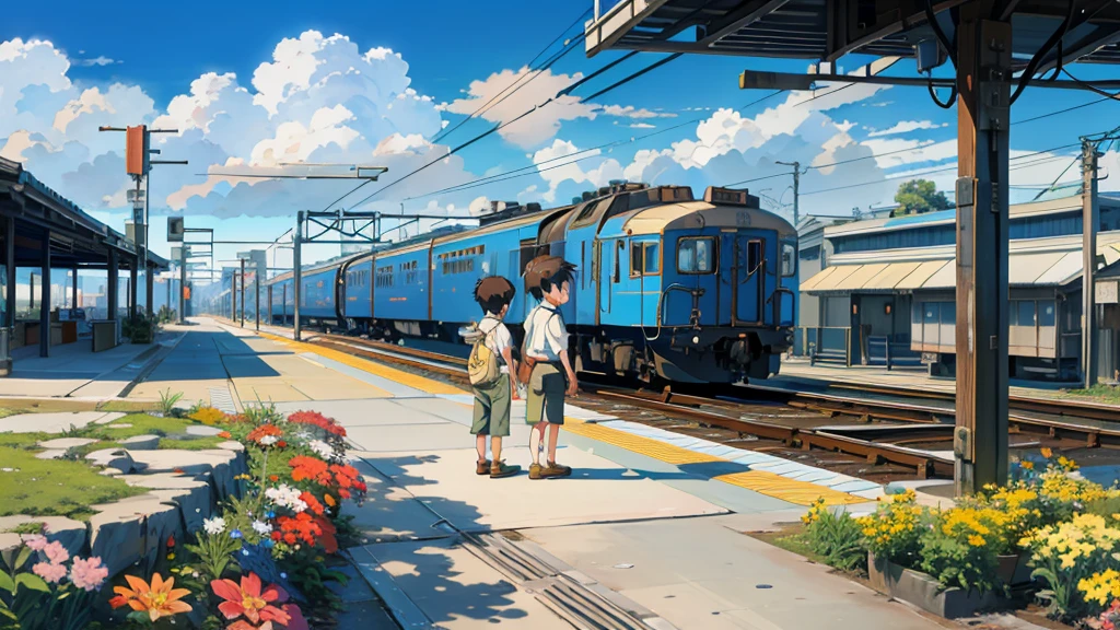 A painting of a little boy standing on a platform next to a train, Makoto Shinkai's art style, anime. by Makoto Shinkai, Makoto Shinkai's Style, hd anime cityscape, Studio Greeble Makoto Shinkai, anime movie background, anime scenery, colorful anime movie background, anime landscape, cgsociety 9, anime background art, beautiful anime art style, 4K High Definition,, Beautiful Art UHD 4K, Beautiful artwork illustration, Beautiful digital painting, Highly detailed digital painting, Beautiful digital art, Detailed painting 4k, Highly detailed digital painting, Rich, picturesque colors, Gorgeous digital painting