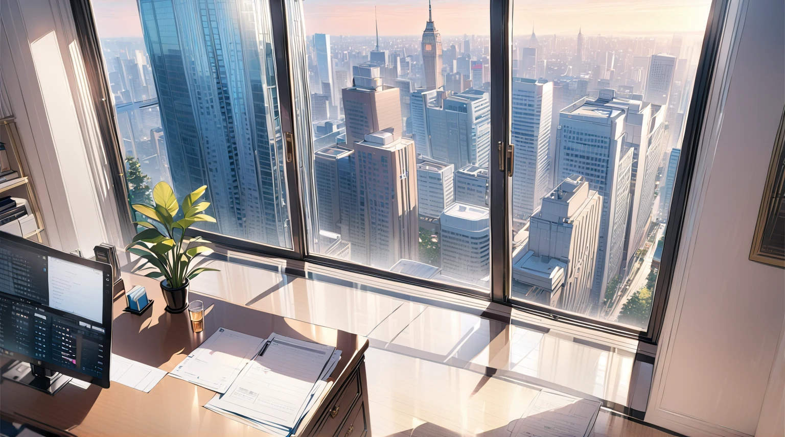 ((best quality)), ((masterpiece)), (detailed), office, president's office, floor-to-ceiling windows, top-down view scene,Potted plants，There is a computer and documents on the desk