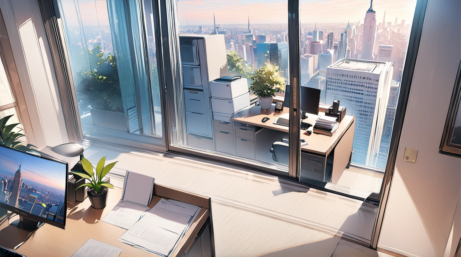 ((best quality)), ((masterpiece)), (detailed), office, president's office, floor-to-ceiling windows, top-down view scene,Potted plants，There is a computer and documents on the desk