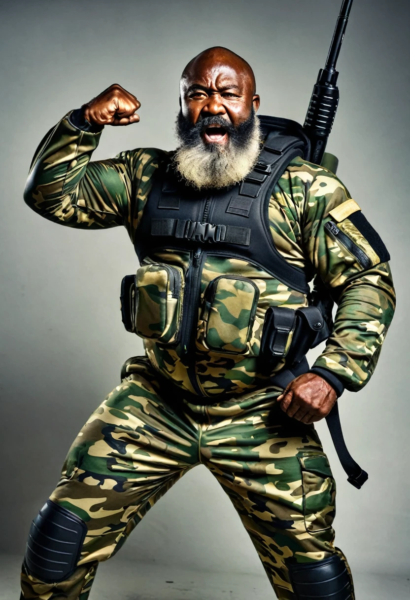 (a dark-skinned bearded fat muscular old man in a bulky army camouflage zipper diver suit) doing raising fist pose and carrying a rifle, muscular, Bruce Onobrakpeya, sumatraism, stanley artgermm, action, heroic, fierce, snarling