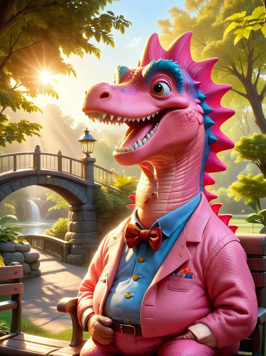 A scene showcasing a charming and amiable pink dinosaur-themed character with the demeanor of an old grandfather, This pink dinosaur is characterized by his wrinkled skin and a friendly smile on his face, looking as though he's full of stories from a time long past, He carries an air of sweetness and gentleness, inviting the viewer into the peaceful ambience of his presence, He could be seen sitting casually on a park bench or in a rocking chair, perhaps with a pair of reading glasses perched on the bridge of his nose, the sunlight gently falling on his ancient, hearty body