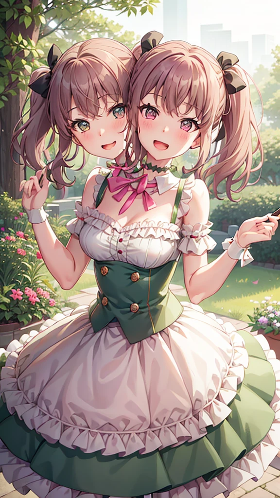 masterpiece, best quality, highres, (Conjoined_dicephalus), (2 heads:1.2), two heads, (1 body:1.5), 2 girl, solo, 2 legs, 2 arms, conjoined twins, solo, huhehe, green eyes, brown hair, short hair, dress, frills, microphone, green_bow, green_choker, holding, holding_microphone, green_bowtie, white_ribbon, bare_shoulders, frilled_dress, wrist_bow, collarbone, green_dress, upper_body, frilled_sleeves, strapless_dress, maruyama_aya_bangdream, pink_hair, bangs, pink_eyes, blush, smile, open_mouth, bow, ribbon, twintails, sidelocks, long_hair, hair_ribbon, hair_bow, choker, dress, frills, microphone, pink_bow, pink_choker, holding, holding_microphone, pink_bowtie, white_ribbon, bare_shoulders, frilled_dress, wrist_bow, collarbone, pink_dress, upper_body, frilled_sleeves, strapless_dress, happy, cowbow shot, outdoors, forest