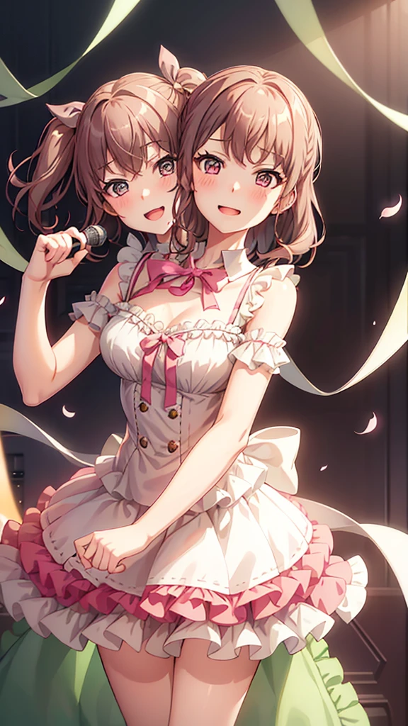 masterpiece, best quality, highres, (Conjoined_dicephalus), (2 heads:1.2), two heads, (1 body:1.5), 2 girl, solo, 2 legs, 2 arms, conjoined twins, solo, huhehe, green eyes, brown hair, short hair, dress, frills, microphone, green_bow, green_choker, holding, holding_microphone, green_bowtie, white_ribbon, bare_shoulders, frilled_dress, wrist_bow, collarbone, green_dress, upper_body, frilled_sleeves, strapless_dress, maruyama_aya_bangdream, pink_hair, bangs, pink_eyes, blush, smile, open_mouth, bow, ribbon, twintails, sidelocks, long_hair, hair_ribbon, hair_bow, choker, dress, frills, microphone, pink_bow, pink_choker, holding, holding_microphone, pink_bowtie, white_ribbon, bare_shoulders, frilled_dress, wrist_bow, collarbone, pink_dress, upper_body, frilled_sleeves, strapless_dress, happy, cowbow shot, outdoors, forest