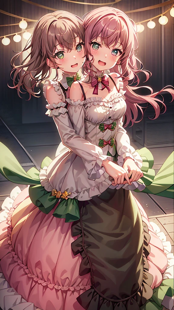 masterpiece, best quality, highres, (Conjoined_dicephalus), (2 heads:1.2), two heads, (1 body:1.5), 2 girl, solo, 2 legs, 2 arms, conjoined twins, solo, huhehe, green eyes, brown hair, short hair, dress, frills, microphone, green_bow, green_choker, holding, holding_microphone, green_bowtie, white_ribbon, bare_shoulders, frilled_dress, wrist_bow, collarbone, green_dress, upper_body, frilled_sleeves, strapless_dress, maruyama_aya_bangdream, pink_hair, bangs, pink_eyes, blush, smile, open_mouth, bow, ribbon, twintails, sidelocks, long_hair, hair_ribbon, hair_bow, choker, dress, frills, microphone, pink_bow, pink_choker, holding, holding_microphone, pink_bowtie, white_ribbon, bare_shoulders, frilled_dress, wrist_bow, collarbone, pink_dress, upper_body, frilled_sleeves, strapless_dress, happy, cowbow shot, outdoors, forest