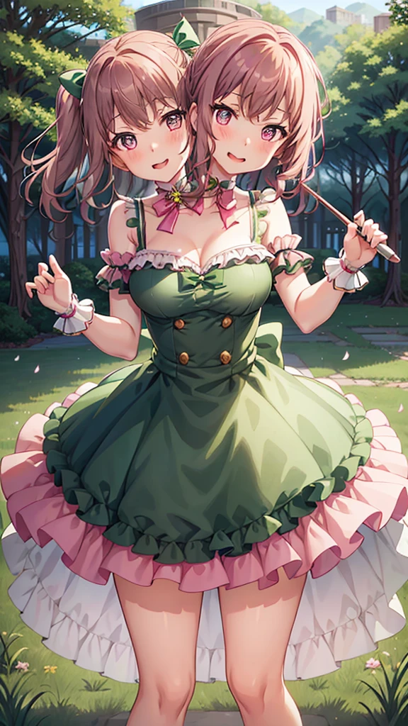 masterpiece, best quality, highres, (Conjoined_dicephalus), (2 heads:1.2), two heads, (1 body:1.5), 2 girl, solo, 2 legs, 2 arms, conjoined twins, solo, huhehe, green eyes, brown hair, short hair, dress, frills, microphone, green_bow, green_choker, holding, holding_microphone, green_bowtie, white_ribbon, bare_shoulders, frilled_dress, wrist_bow, collarbone, green_dress, upper_body, frilled_sleeves, strapless_dress, maruyama_aya_bangdream, pink_hair, bangs, pink_eyes, blush, smile, open_mouth, bow, ribbon, twintails, sidelocks, long_hair, hair_ribbon, hair_bow, choker, dress, frills, microphone, pink_bow, pink_choker, holding, holding_microphone, pink_bowtie, white_ribbon, bare_shoulders, frilled_dress, wrist_bow, collarbone, pink_dress, upper_body, frilled_sleeves, strapless_dress, happy, cowbow shot, outdoors, forest