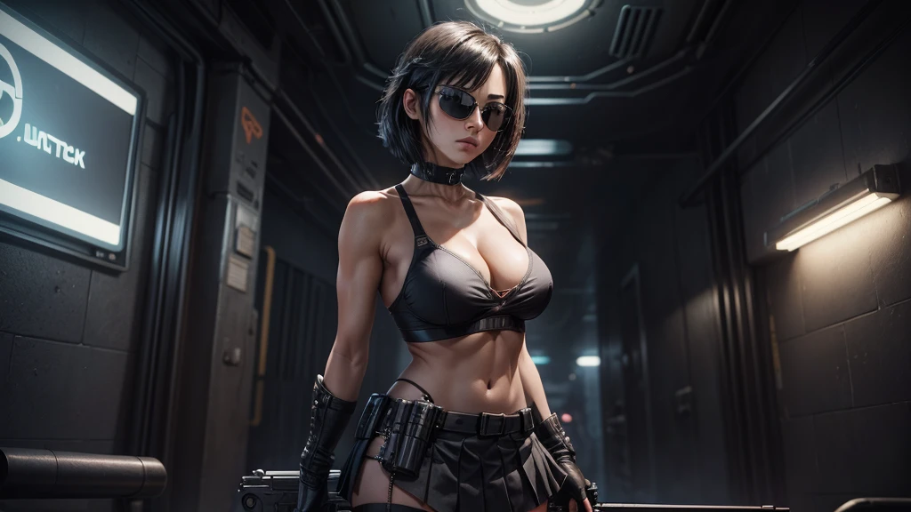 (masterpiece), (best quality), (very detailed), ((1 woman)), (cyberpunk), high angle view of futuristic city at night as background, Female assassin wearing a revealing suit, perfect face, perfect body, Place a small person on the left side of the picture, movie poster, landscape. (((1girl, solo))), photo realistic, (medium-breast slim body, cleavage), (((full bra top, extreamly short pleated (((miniskirt))) exposing panty))), (((((matrix style black sunglasses))))), (((((aiming at viewer with a (short gun), (looking at camera)))))), (((((half-body (thigh level) medium shot))))), (cinematic lighting).