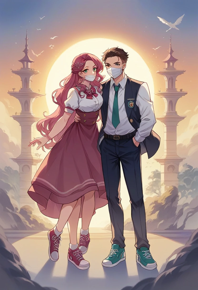 Violet is a beautiful cute girl with a blue-green cascade hairstyle ,dark azure eyes and she is dressed nicely but in a school uniform like a guy with his name badge "Oblakova" and next to her stands a guy wearing an expensive elite Gucci  .and Louis Vuitton sneakers, you can see that the rich heir is wearing a black medical mask and his eyes are the color of the bright sun with a hint of green grape color .make them stand in bewilderment, their lips almost touching, and in the background they have a red-dark sunset and the title of a book: "Savior of my love"it is written beautifully in Russian and beautifully written aesthetically and elegantly.Draw a beautiful mega cover in 5D to attract people&#39;s attention
