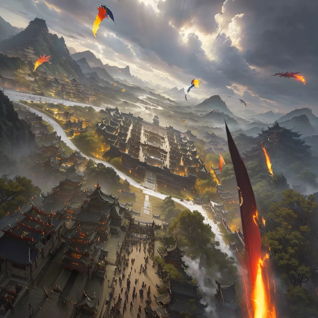 On cloudy days,Many kites flying over the city, Beautiful rendering of the Tang Dynasty, Three Kingdoms of China, Background Air Combat, author:Yang J, from three kingdoms, Game Art Painting, An ancient city engulfed in fire, author:Ni Yuanlu, by Liang Kai, Epic battle scenes, Pan Chengwei on artstation, by Li Zai