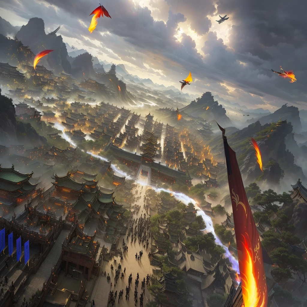 On cloudy days,Many kites flying over the city, Beautiful rendering of the Tang Dynasty, Three Kingdoms of China, Background Air Combat, author:Yang J, from three kingdoms, Game Art Painting, An ancient city engulfed in fire, author:Ni Yuanlu, by Liang Kai, Epic battle scenes, Pan Chengwei on artstation, by Li Zai