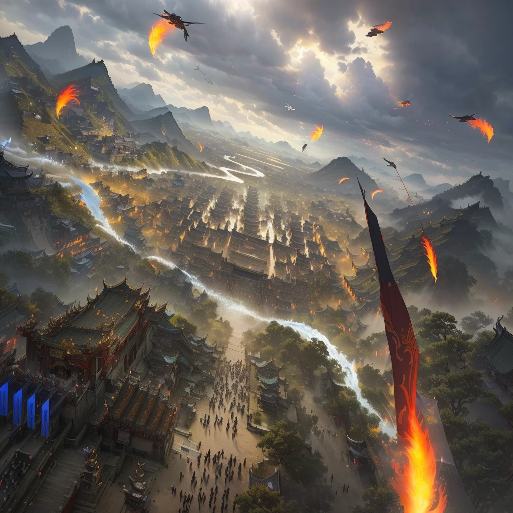 On cloudy days,Many kites flying over the city, Beautiful rendering of the Tang Dynasty, Three Kingdoms of China, Background Air Combat, author:Yang J, from three kingdoms, Game Art Painting, An ancient city engulfed in fire, author:Ni Yuanlu, by Liang Kai, Epic battle scenes, Pan Chengwei on artstation, by Li Zai