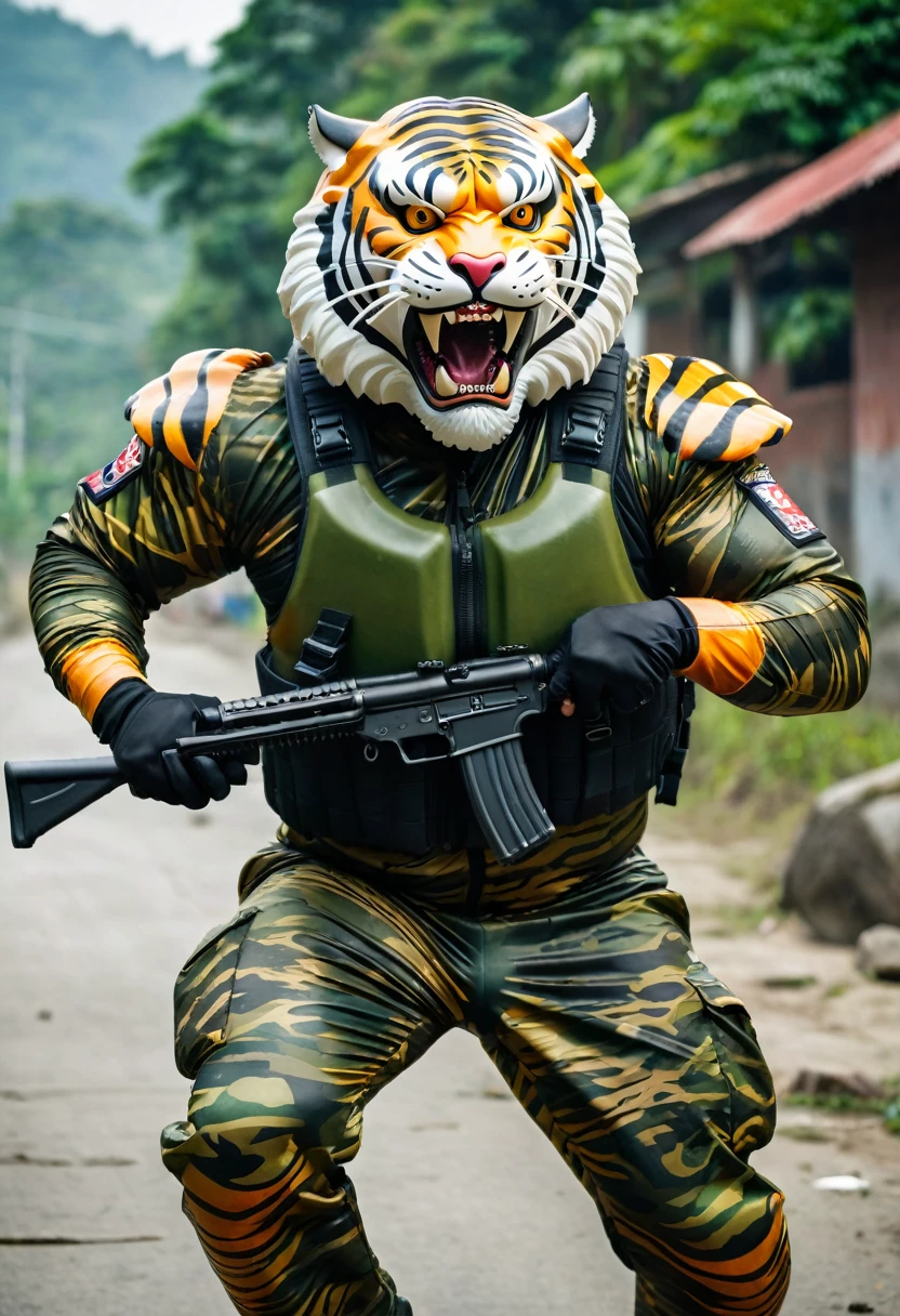 (a dark-skinned fat muscular old man in a bulky army camouflage zipper diver suit) running and shooting with a rifle, (wearing realistic roaring siberian tiger mask), muscular, Bruce Onobrakpeya, sumatraism, stanley artgermm, action, heroic, fierce, snarling