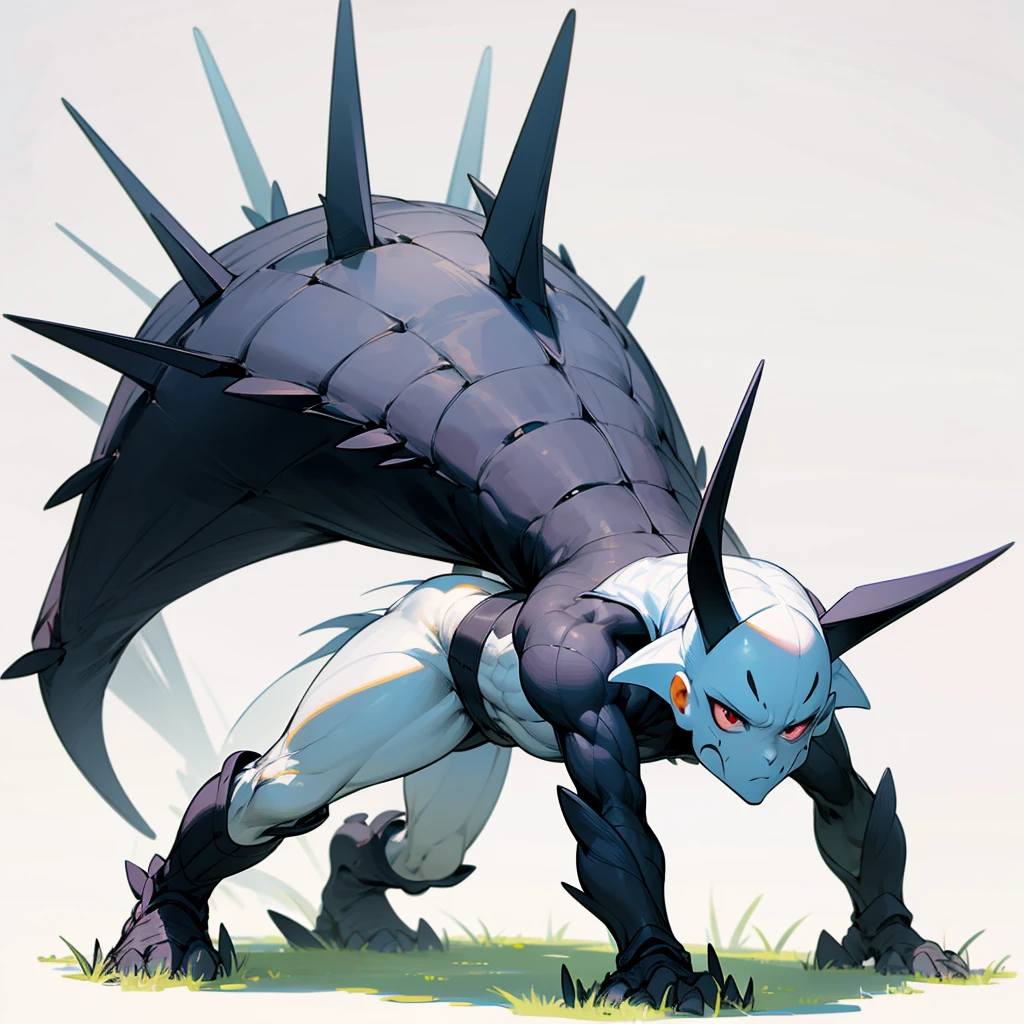 Please make an evolutionary change of this character with the same characteristic features of his body and skin, Grassroots, no background