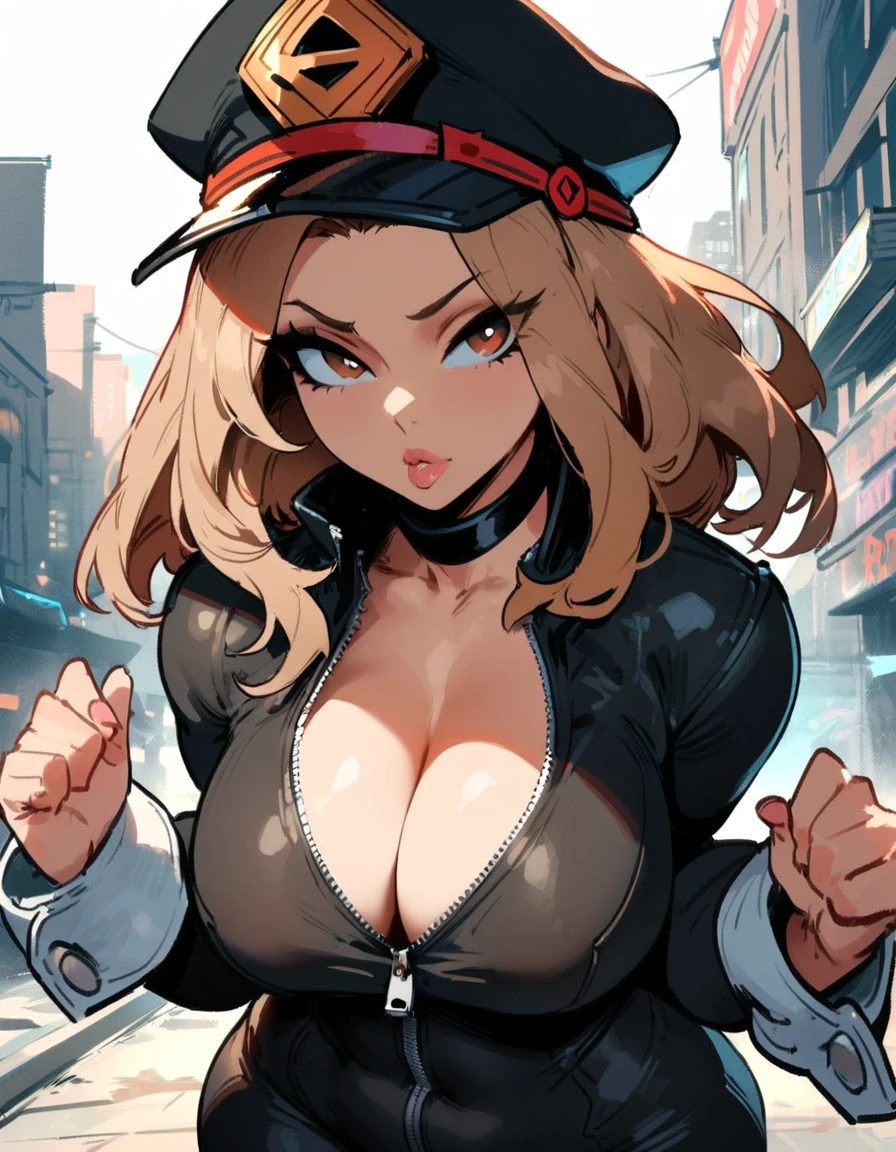 1girl, utsushimi kemii, boku no hero academia \\\\\ masterpiece, best quality, very aesthetic, absurdres, newest \\\\\\ slim body,///// ,by nyantcha,cutesexyrobutts , by khyle,,////// beautiful face, light brown hair ,plump and glossy lips, . , looking at viewer, close-up, dark brown eyes,, cap, black catsuit with blending patterned lines and a zipper running down the middle, left slightly down to reveal her cleavage. She wears white cuffs around her wrists,,standing, city,