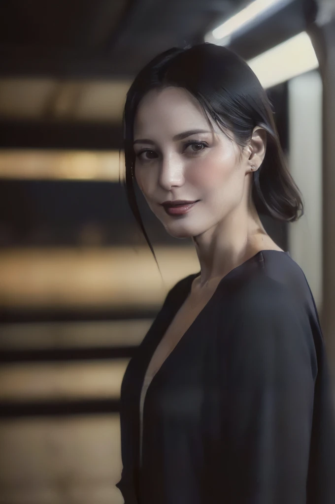 (((Very realistic front-on shots by professional photographers、A close-up American shot of an actress facing the camera, very Seductive pose, 32k, 7 heads、looking at viewer, Staring Intently :1.8))),(A pure white, extremely thin fabric business short-sleeved open-neck shirt with a wide V-neck, Soaking wet:1.4)。((Highest quality)), ((masterpiece)), (((detailed))), (midnight ,A modern train station platform in Tokyo on a dark, pouring, stormy night, Low Key Lighting:1.6)、(((A very beautiful, extremely elegant and intelligent 39-year-old Japanese woman。Very intelligent, with a goddess-like face and figure。An extremely elegant, calm and modest smile, Being drunk、My eyes are quite watery、I'm very horny、embarrassed ,blush, Curvy Body、Extremely realistic, detailed and beautiful facial depictions:1.9)))、(((A short, well-groomed, shiny black haircut。The skin is white and very smooth。A very hot rainy summer night、I'm pretty sweaty、My clothes were soaking wet and transparent、When wet, it sticks perfectly to your skin, revealing your beautiful body lines.、Through the extremely thin fabric, her skin and her navy blue, lacy, high-end underwear are clearly visible.:1.9)))。(((A simple and elegant business pencil skirt in a plain navy blue knee-length,The clothes fit the body very well:1.8))), (Healthy Body、The line of the chest, collarbone and décolletage are extremely beautiful.:1.9)。She is looking straight at the camera with a very shy look on her face.。Light makeup and no piercings,A simple and modest pearl necklace、(((large&good hips、large&nice chests )))