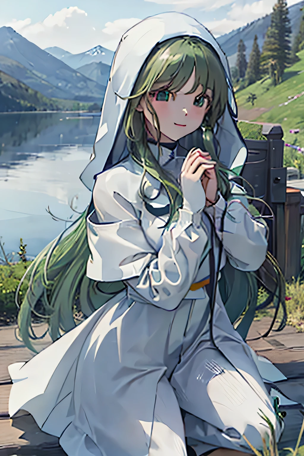 high quality、Detailed Description、One Girl、Green Hair、Long Hair、White hood、Blue Eyes、White habit、holding a cross、prayer、Christian、Lake in the background、Lake Suwa in the background