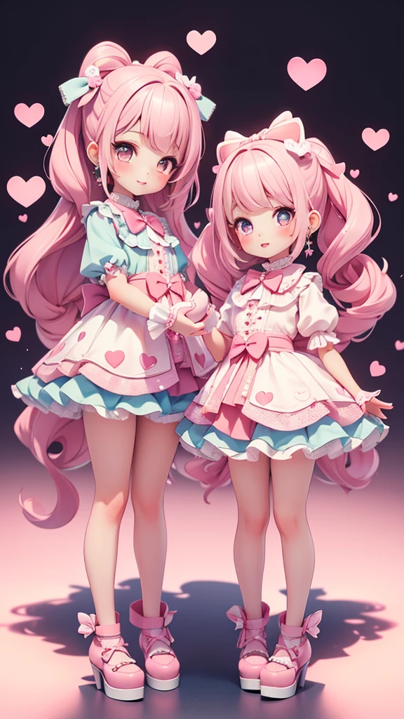 ((petite bishojo, 2girls)), ((kawaii face)), ((heart shaped eyes)), (masterpiece), (top quality), ((hyper detailed)), (exquisite), (beautiful and aesthetic), (super detailed skin), (high standard), (high resolution), (perfect anatomy), (full body), (blush), ((girly)), (earring), (lipstick), (perfect hands)