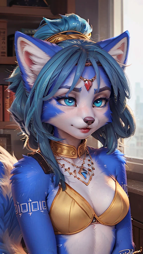 A beautiful and detailed (sweet portrait) wa ((Krystal)), Star Fox Krystal, sslim, lovable, green eyes, medium breasts, (((Long blue hair 1.3))), Decollete, anthro, furry, Uploaded E621, detailed fluffy fur, (wa Fluff-Kevlar, Bayard Wu, Personalami, Pino Daeni), detailed face, (fluffy), 1 girl, alone, sweet girl,