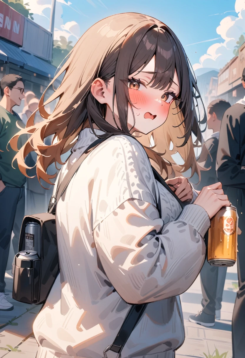 masterpiece, best quality, very aesthetic, absurdres, newest, 1girl, long hair, looking at viewer, blush, drunk, open mouth, brown hair, shirt, long sleeves, holding, beer, brown eyes, white shirt, upper body, outdoors, multiple boys, sky, solo focus, day, looking back, cloud, bag, sweater, backpack, ground vehicle, can, white sweater, holding can, black bag