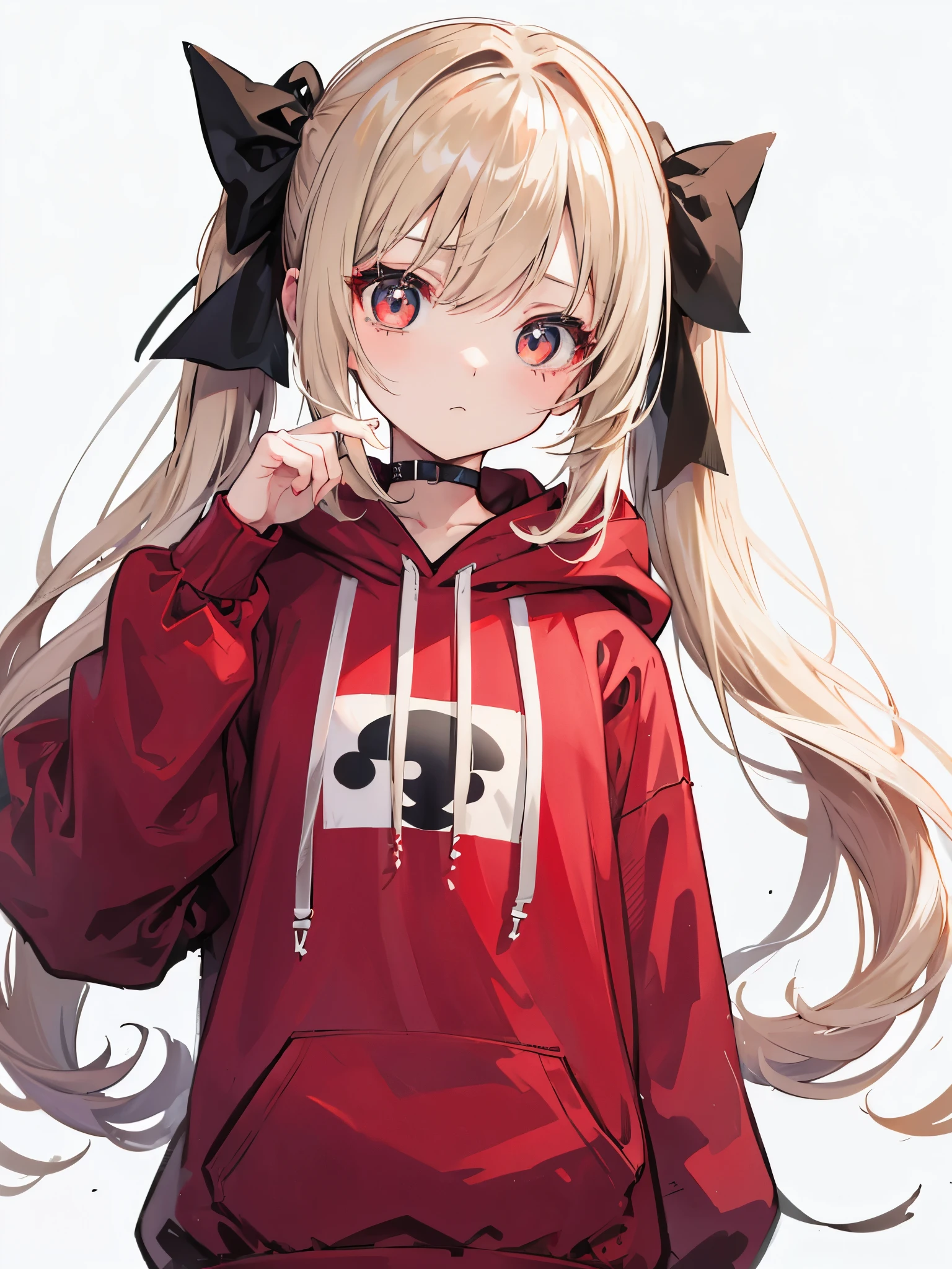 One girl in anime、Beige hair、Eye color red、Twin tails、Simple hair ribbon、Black large hoodie、Background white、Simple background、