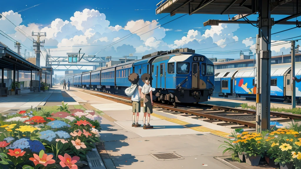 A drawing of a little boy standing alone on a platform next to a train, Makoto Shinkai's art style, anime. by Makoto Shinkai, Makoto Shinkai's Style, hd anime cityscape, Studio Greeble Makoto Shinkai, anime movie background, anime scenery, colorful anime movie background, anime landscape, cgsociety 9, anime background art, beautiful anime art style, 4K High Definition,, Beautiful Art UHD 4K, Beautiful artwork illustration, Beautiful digital painting, Highly detailed digital painting, Beautiful digital art, Detailed painting 4k, Highly detailed digital painting, Rich, picturesque colors, Gorgeous digital painting