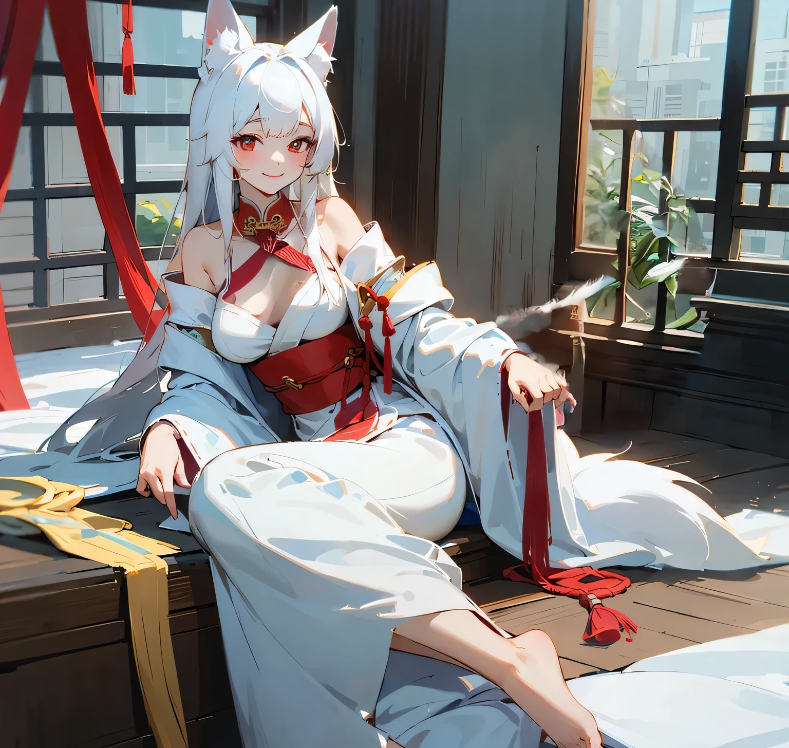 4K,masterpiece,best quality,Traditional Chinese ink painting,White hair, red pupils, fox ears and big breasts beauty,There is a white fox tail behind,barefoot,Wearing an ancient white robe,The robe has lace on it,Gold bells tied with red ropes on ankles and neck,Sitting gracefully on the bed by the window at dusk,Dress conservatively,Smile,Off-shoulder,no legs,Bigger tail.,The chest is exposed