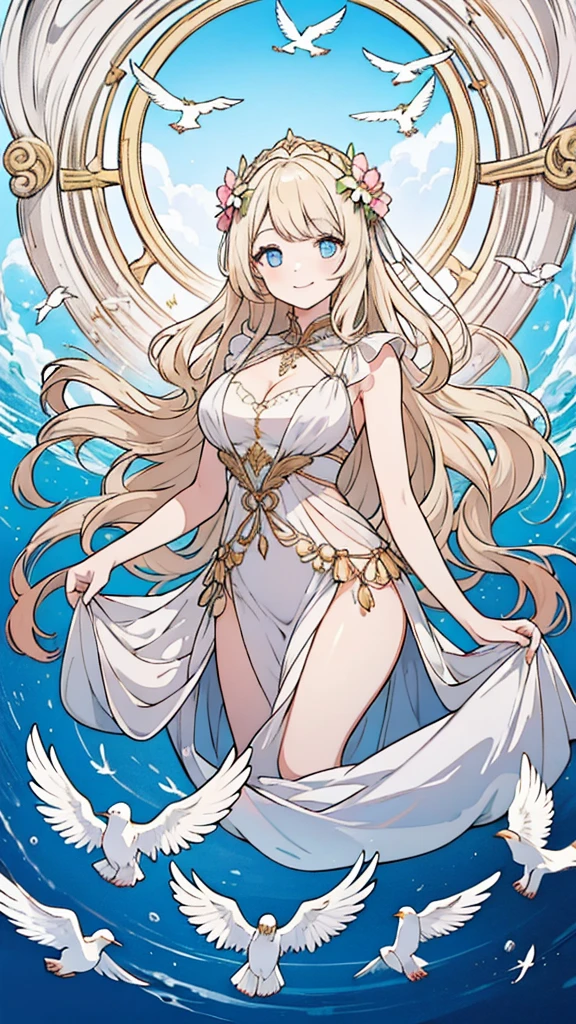 Highest quality、Highest quality、masterpiece、Detailed、4K、8K、One Woman、Aphrodite, the goddess of beauty in Greek mythology、Anime Style、slender、Blonde wavy hair、blue eyes、Flower Hair Ornaments、smile、Big Eyes、A radiant, graceful face、Dressed in classical Greek costume。Fantasy、beautiful、beautiful、grace、A beautiful woman、smile、Dignified、The background is the sea、blue sky、There are beautiful white birds flying、White Dove、Perfect hands、Perfect Arms、Perfect Fingers、Perfect Anatomy、Cel painting style